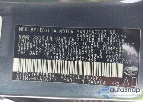 2015 Toyota Corolla Le из США, поврежденный, VIN 2T1BURHE5FC372966